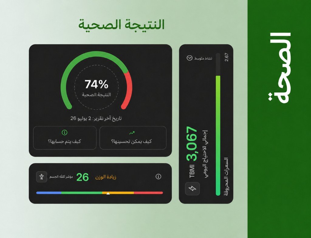 لوحة هيلث سكور تعرض نتيجة ٧٤٪ وعدد الخطوات وبي إم آي