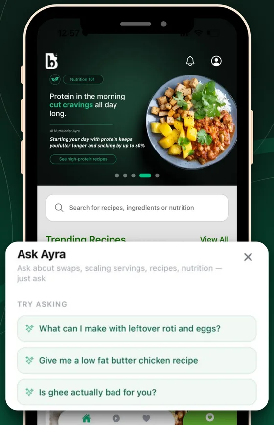 Byondbites app screen: Ayra's panel with suggested questions such as what to make with leftover roti and eggs